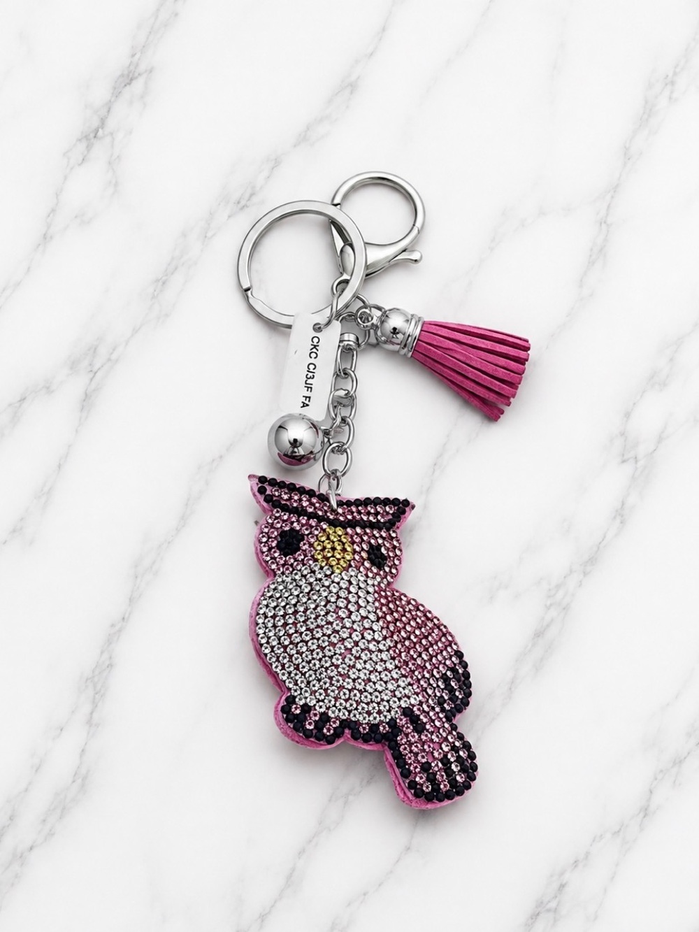 Pink and White Rhinestoned Owl Bag Charm/Keyring on Silver Hardware